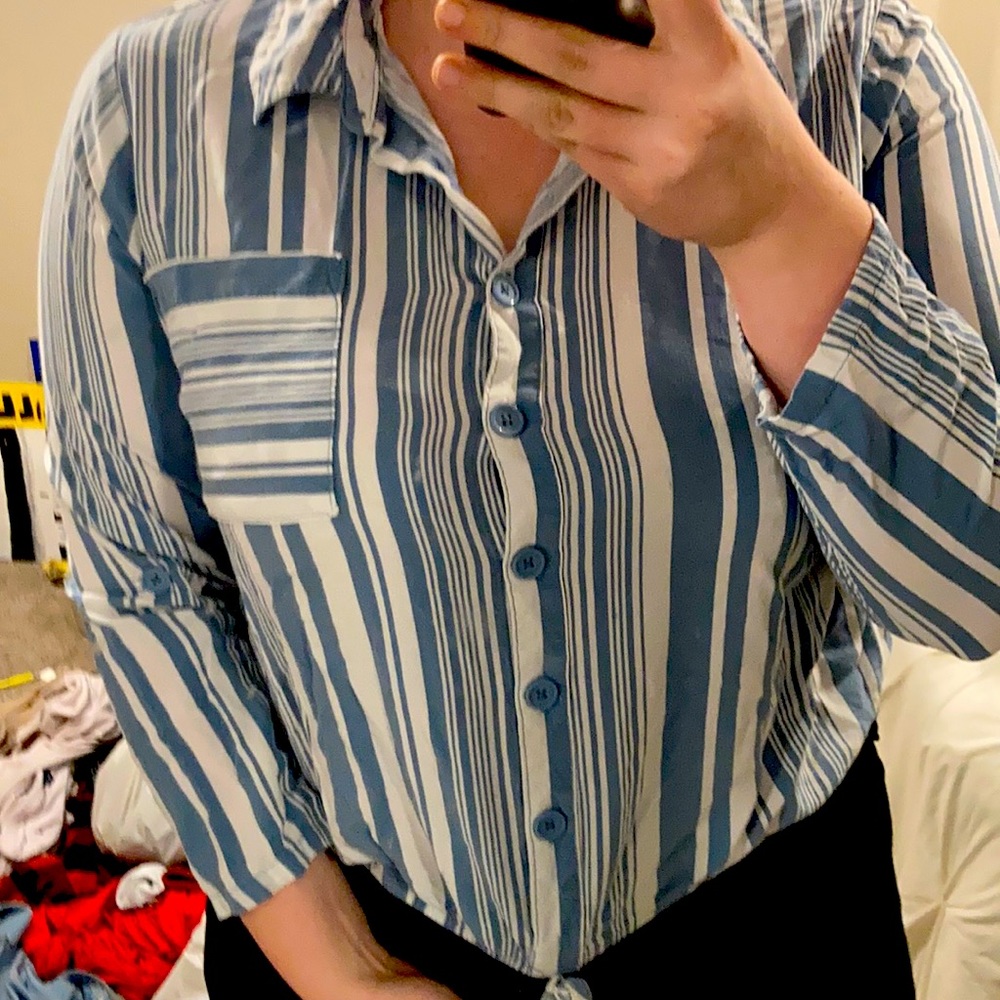 Blue/white stripped button up, With tie at bottom
